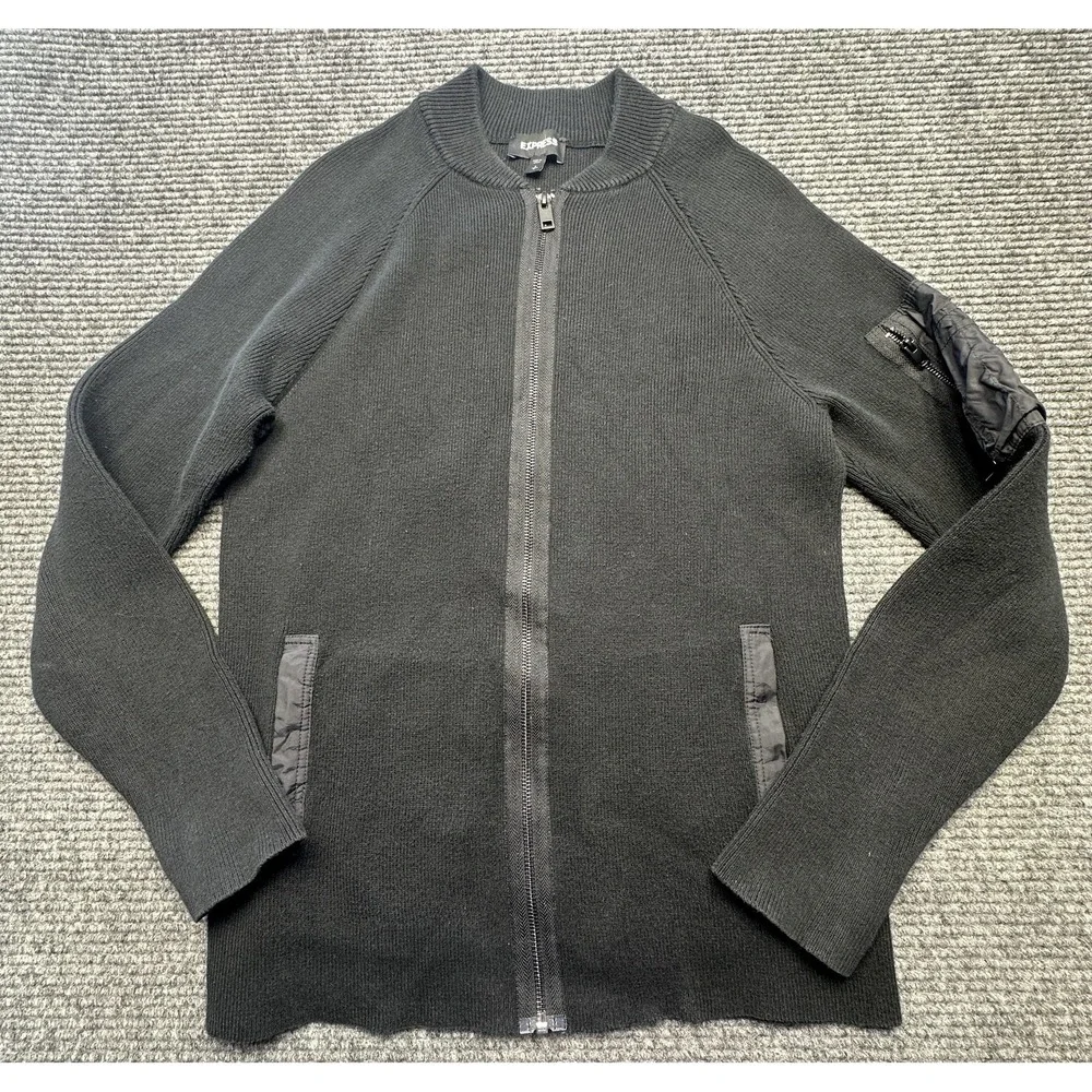 Express Sweater Mens Small Black Full Zip Crew Neck Utility‎ Bomber Pocket Knit